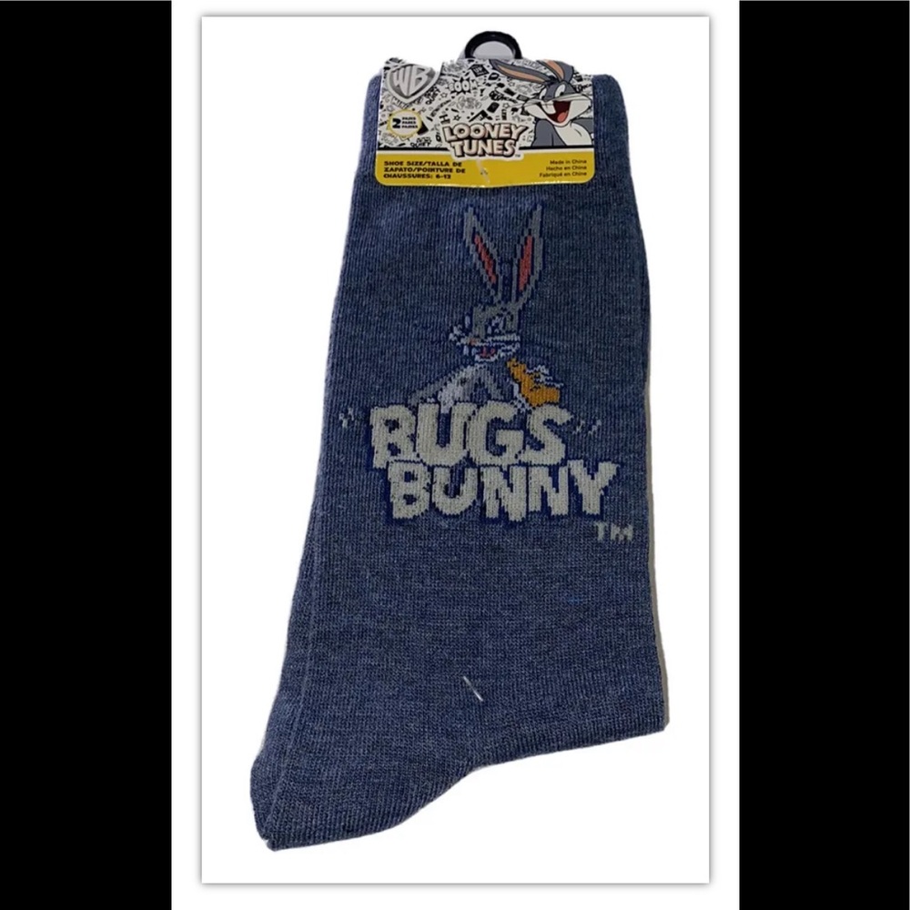 Looney Tunes Bugs & Road Runner Crew Socks 2 Pair Men 6-12 Blue White WB Wile E.